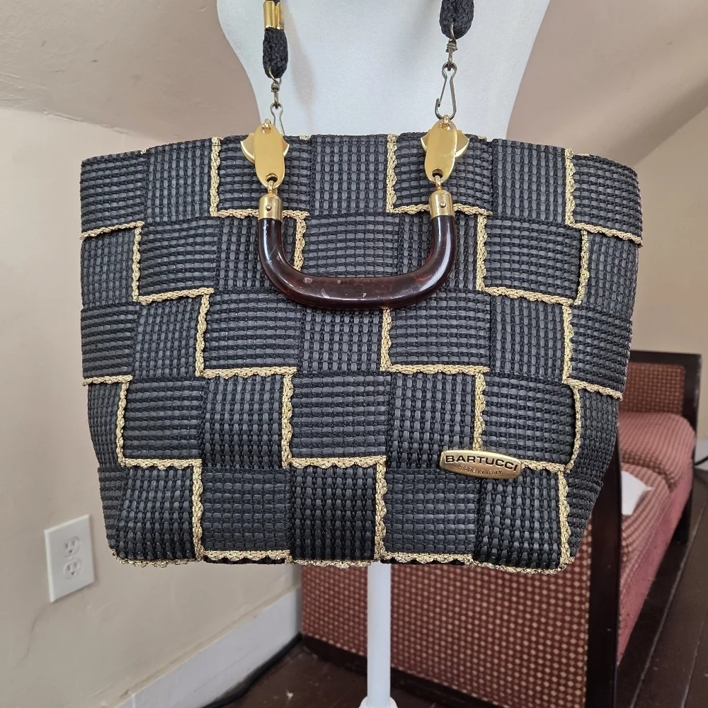 Bartucci Made in Italy Woven‎ Black Gold Tote Bag Rope Strap Top Handle